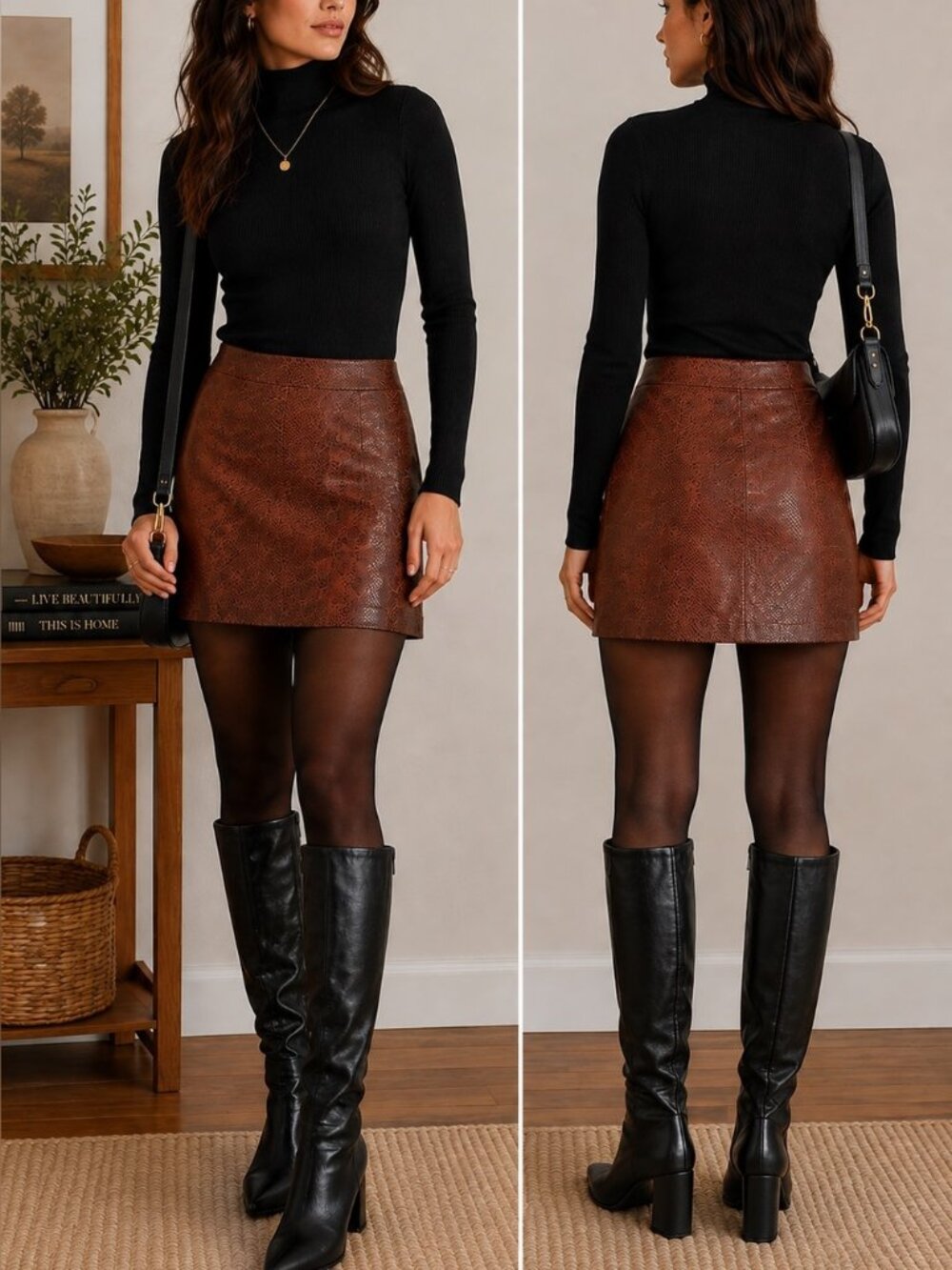NWT Brown Faux Leather Mini Skirt, Large